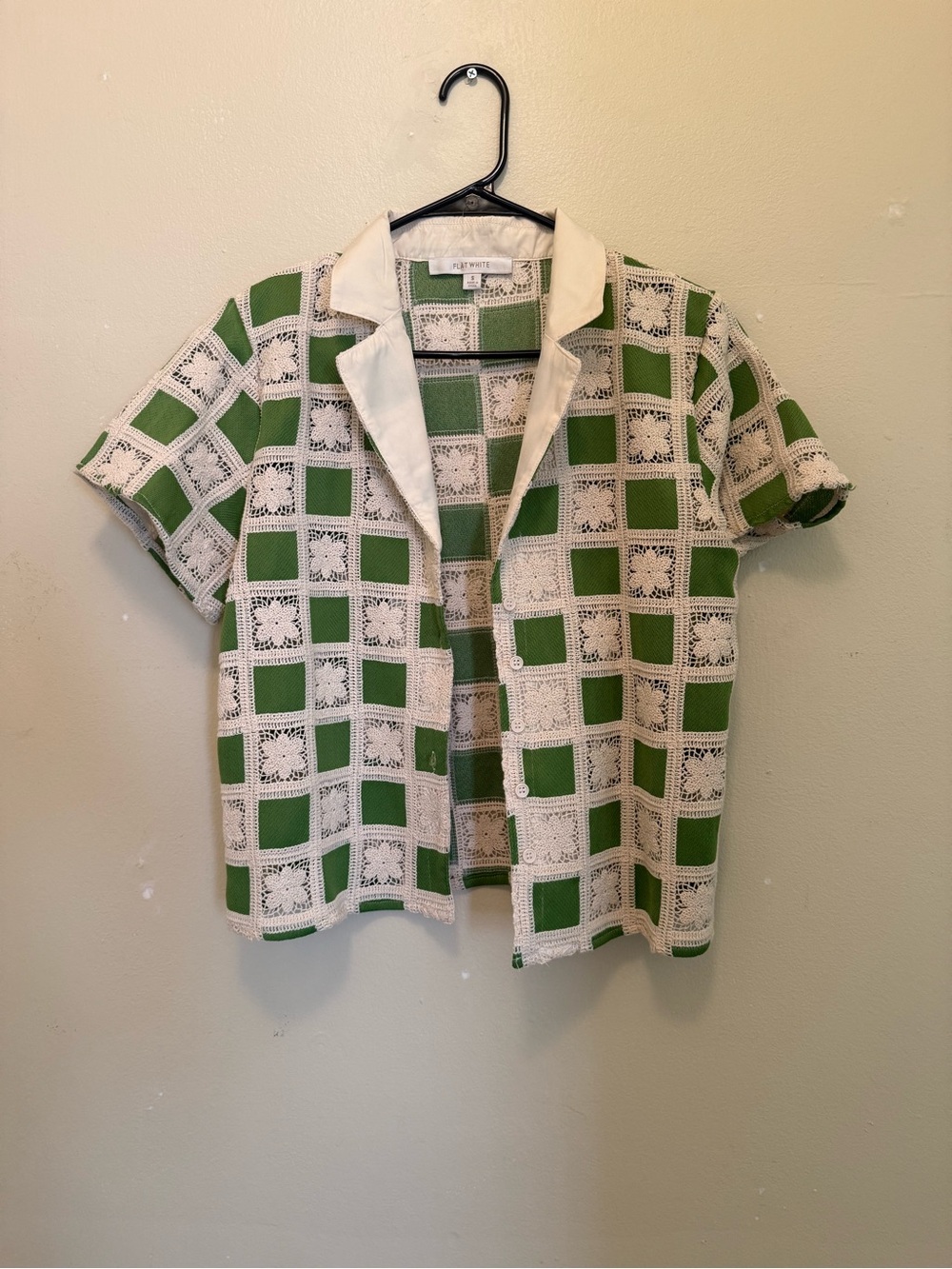 Anthropologie Green and Cream Crochet-Panel Button-Down Shirt